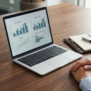 Mesa de reunião corporativa com notebook e documentos, ilustrando o processo de defesa para conta bloqueada judicialmente via sistema Sisbajud.