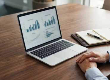 Mesa de reunião corporativa com notebook e documentos, ilustrando o processo de defesa para conta bloqueada judicialmente via sistema Sisbajud.