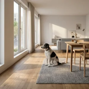 Cão de estimação sentado de forma pacífica na sala de estar de um apartamento moderno em São Paulo, representando o direito de manter pets em condomínios residenciais.