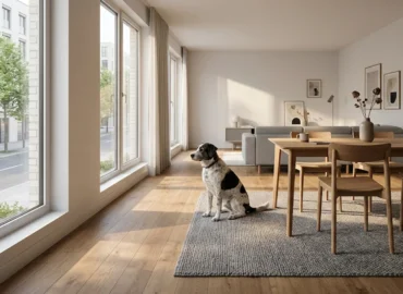 Cão de estimação sentado de forma pacífica na sala de estar de um apartamento moderno em São Paulo, representando o direito de manter pets em condomínios residenciais.