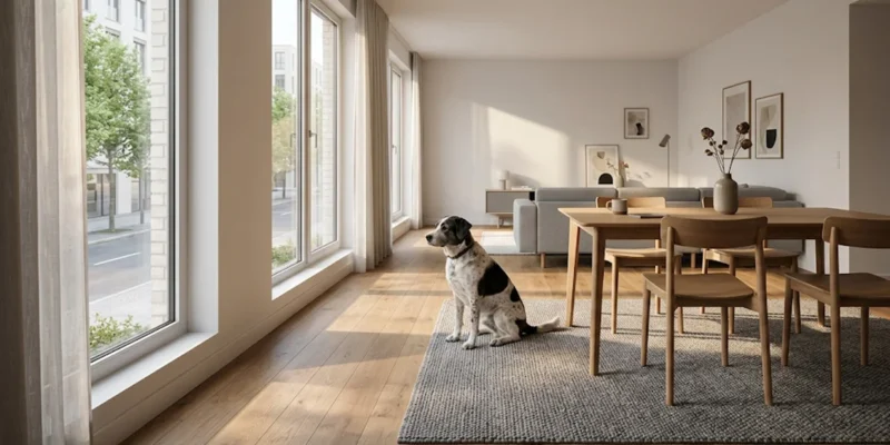Cão de estimação sentado de forma pacífica na sala de estar de um apartamento moderno em São Paulo, representando o direito de manter pets em condomínios residenciais.