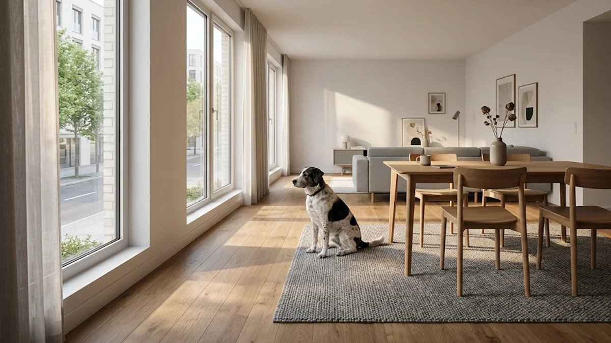 Cão de estimação sentado de forma pacífica na sala de estar de um apartamento moderno em São Paulo, representando o direito de manter pets em condomínios residenciais.