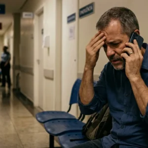Homem preocupado ao telefone em sala de espera de hospital em São Paulo durante a noite, ilustrando vítima do golpe do falso médico.