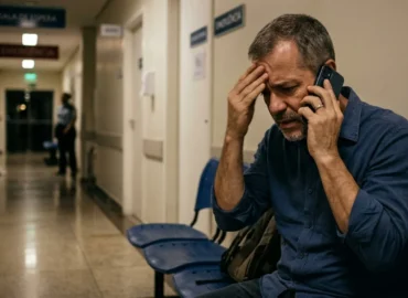 Homem preocupado ao telefone em sala de espera de hospital em São Paulo durante a noite, ilustrando vítima do golpe do falso médico.