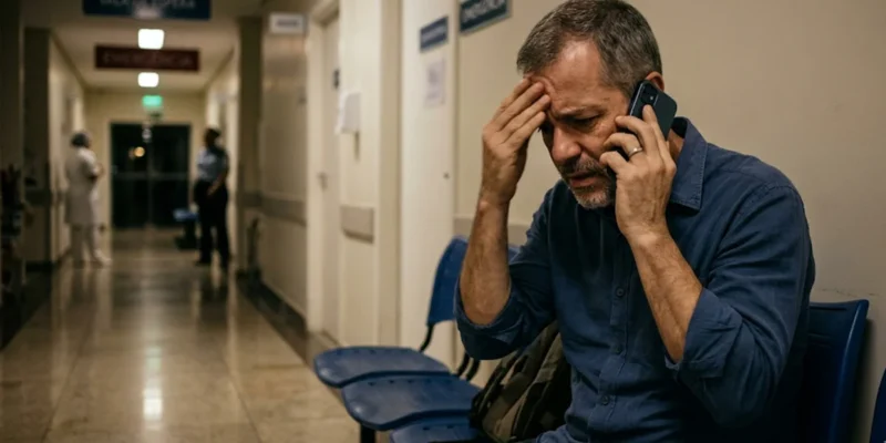Homem preocupado ao telefone em sala de espera de hospital em São Paulo durante a noite, ilustrando vítima do golpe do falso médico.
