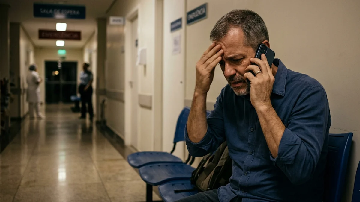 Homem preocupado ao telefone em sala de espera de hospital em São Paulo durante a noite, ilustrando vítima do golpe do falso médico.