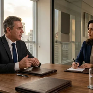 Advogado especialista orientando cliente em sala de reuniões corporativa sobre os reflexos das horas in itinere na Grande São Paulo.