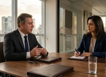 Advogado especialista orientando cliente em sala de reuniões corporativa sobre os reflexos das horas in itinere na Grande São Paulo.