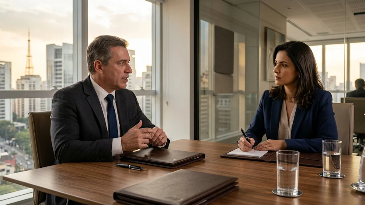 Advogado especialista orientando cliente em sala de reuniões corporativa sobre os reflexos das horas in itinere na Grande São Paulo.