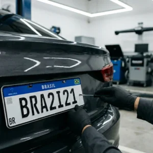 Mãos de profissional técnico instalando uma nova placa padrão Mercosul na traseira de um veículo dentro de uma oficina organizada em São Paulo.