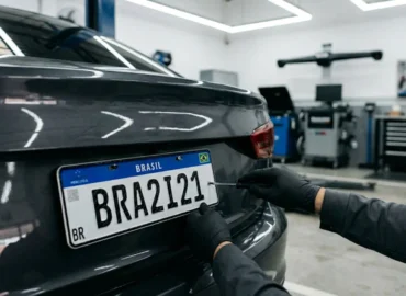Mãos de profissional técnico instalando uma nova placa padrão Mercosul na traseira de um veículo dentro de uma oficina organizada em São Paulo.