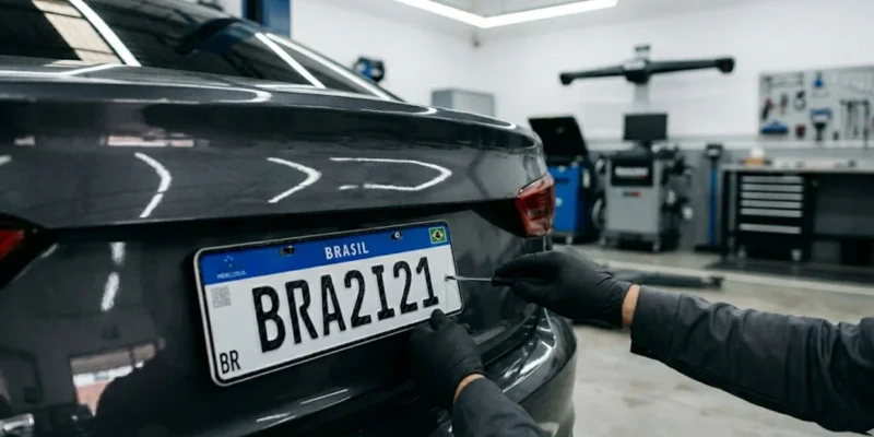 Mãos de profissional técnico instalando uma nova placa padrão Mercosul na traseira de um veículo dentro de uma oficina organizada em São Paulo.