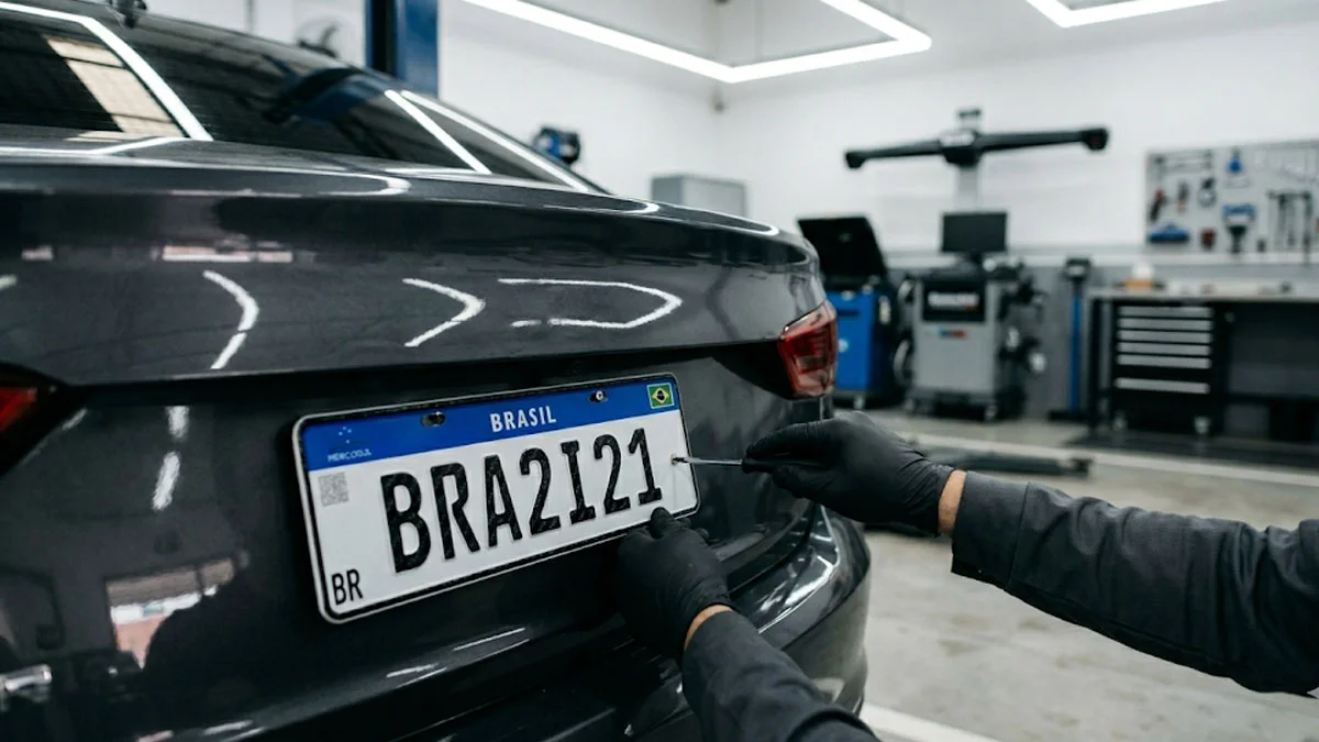 Mãos de profissional técnico instalando uma nova placa padrão Mercosul na traseira de um veículo dentro de uma oficina organizada em São Paulo.