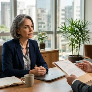 Mulher atenta em reunião de consultoria em um escritório moderno, ilustrando o atendimento jurídico focado em direito à saúde e liberação de exames.