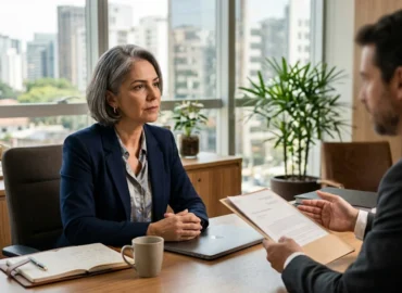 Mulher atenta em reunião de consultoria em um escritório moderno, ilustrando o atendimento jurídico focado em direito à saúde e liberação de exames.