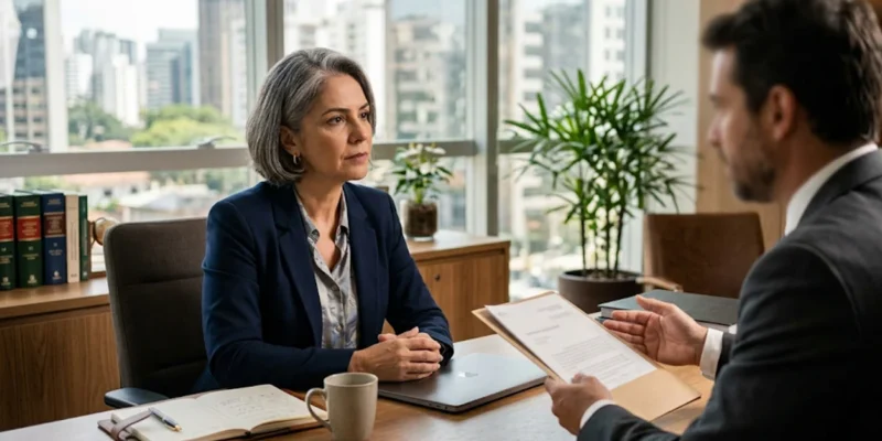 Mulher atenta em reunião de consultoria em um escritório moderno, ilustrando o atendimento jurídico focado em direito à saúde e liberação de exames.