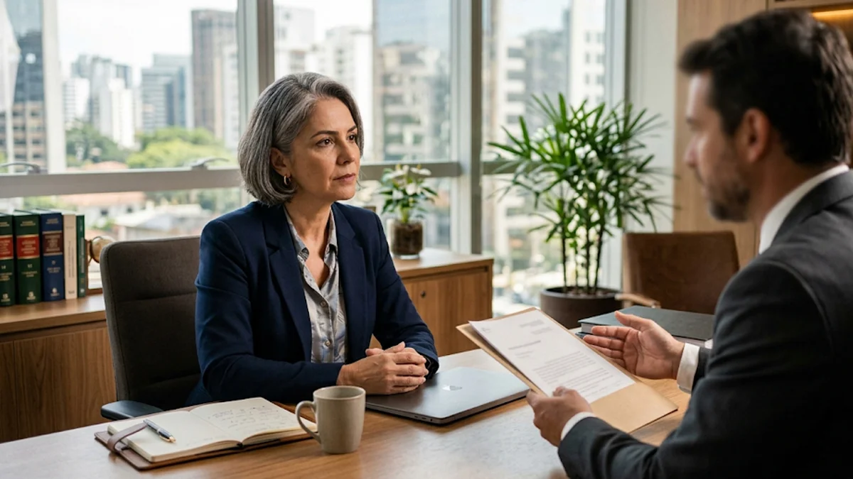 Mulher atenta em reunião de consultoria em um escritório moderno, ilustrando o atendimento jurídico focado em direito à saúde e liberação de exames.