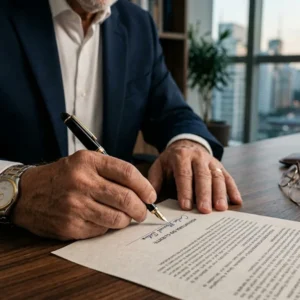 Mãos de um advogado especialista assinando um documento de planejamento previdenciário sobre uma mesa de madeira, representando a análise de aposentadoria pelo RPPS e RGPS.