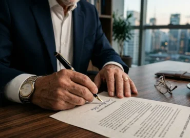Mãos de um advogado especialista assinando um documento de planejamento previdenciário sobre uma mesa de madeira, representando a análise de aposentadoria pelo RPPS e RGPS.