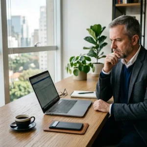 Homem analisando notebook com defeito em escritório profissional para entender prazos de garantia.
