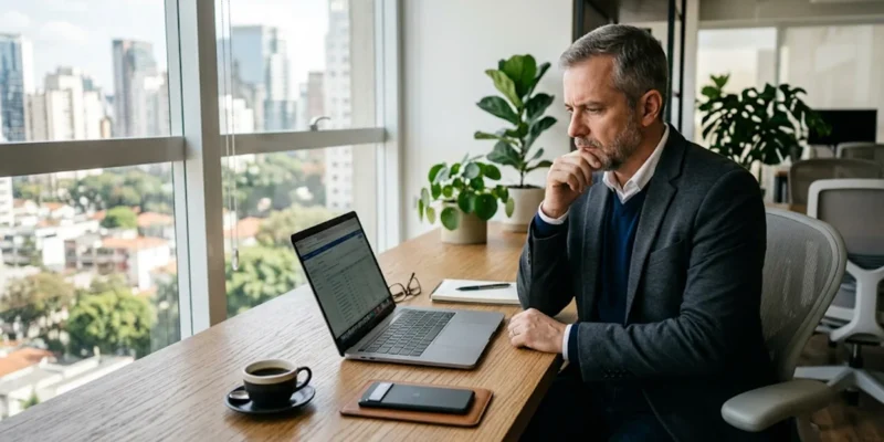 Homem analisando notebook com defeito em escritório profissional para entender prazos de garantia.