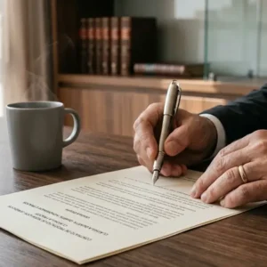 Close-up de mãos assinando documento jurídico sobre mesa de madeira, simbolizando o cumprimento de prazos na justiça do trabalho.