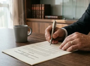 Close-up de mãos assinando documento jurídico sobre mesa de madeira, simbolizando o cumprimento de prazos na justiça do trabalho.