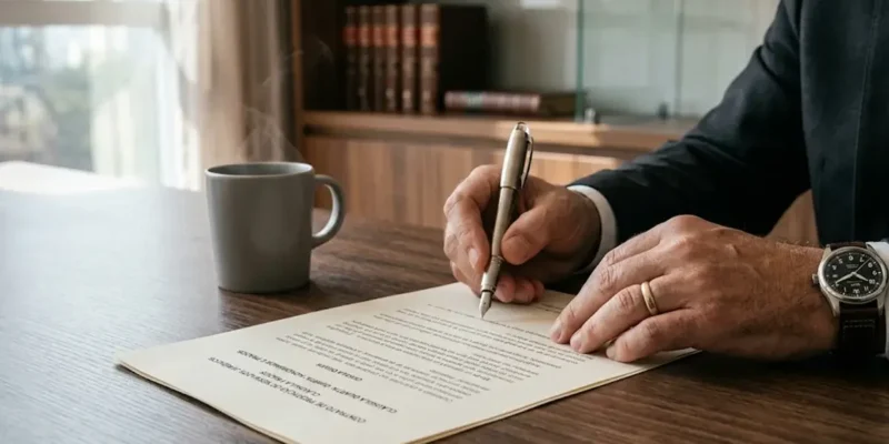 Close-up de mãos assinando documento jurídico sobre mesa de madeira, simbolizando o cumprimento de prazos na justiça do trabalho.