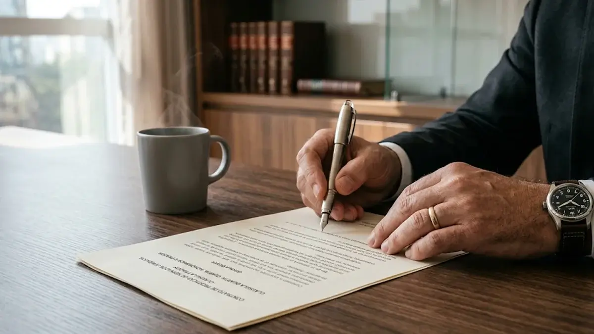 Close-up de mãos assinando documento jurídico sobre mesa de madeira, simbolizando o cumprimento de prazos na justiça do trabalho.