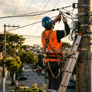 Técnico de empresa de energia elétrica em cima de uma escada realizando a suspensão do fornecimento em um poste de rua em área urbana.