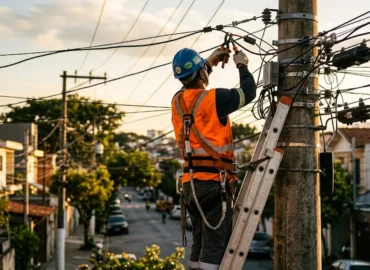 Técnico de empresa de energia elétrica em cima de uma escada realizando a suspensão do fornecimento em um poste de rua em área urbana.