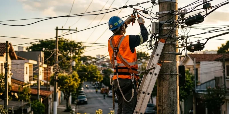 Técnico de empresa de energia elétrica em cima de uma escada realizando a suspensão do fornecimento em um poste de rua em área urbana.
