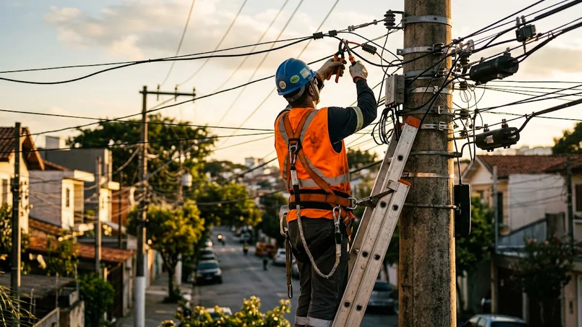 Técnico de empresa de energia elétrica em cima de uma escada realizando a suspensão do fornecimento em um poste de rua em área urbana.