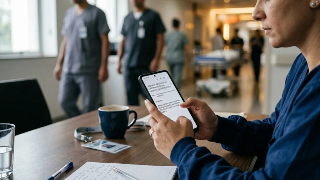Profissional de saúde em um hospital em São Paulo usando smartphone para enviar e-mail de denúncia de discriminação, demonstrando preocupação e segurança.