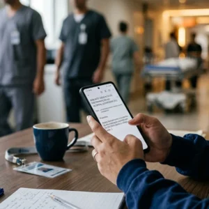 Profissional de saúde em um hospital em São Paulo usando smartphone para enviar e-mail de denúncia de discriminação, demonstrando preocupação e segurança.