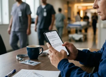 Profissional de saúde em um hospital em São Paulo usando smartphone para enviar e-mail de denúncia de discriminação, demonstrando preocupação e segurança.