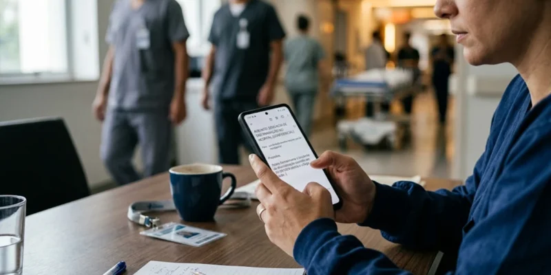 Profissional de saúde em um hospital em São Paulo usando smartphone para enviar e-mail de denúncia de discriminação, demonstrando preocupação e segurança.