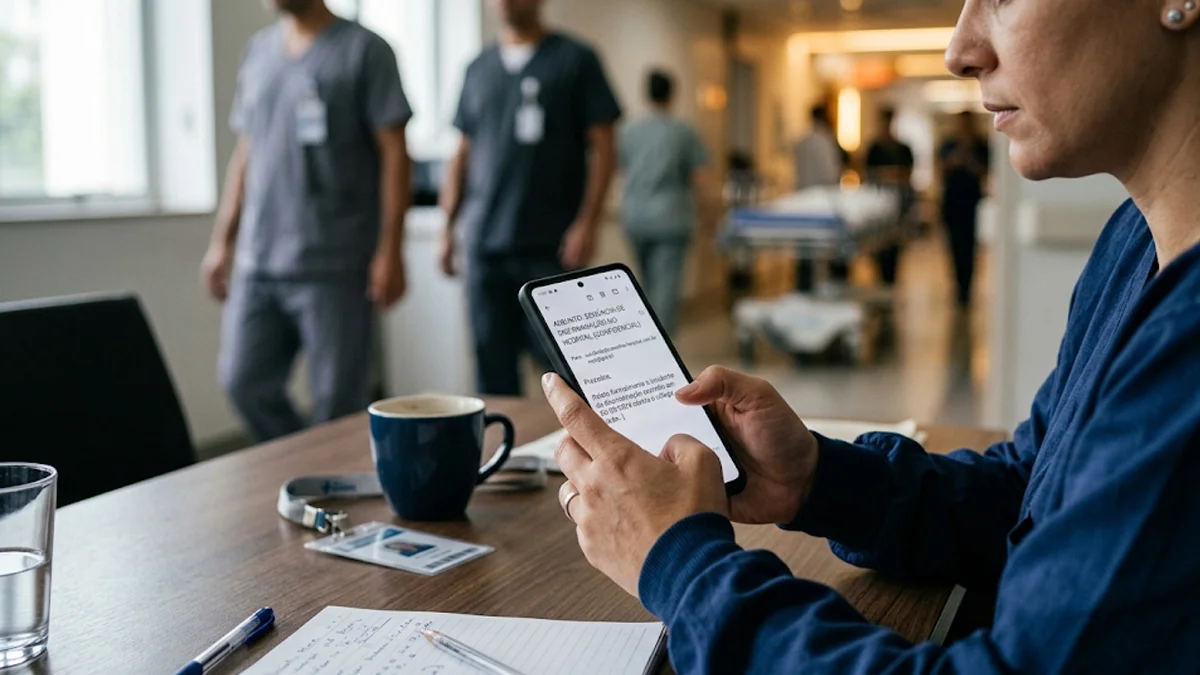 Profissional de saúde em um hospital em São Paulo usando smartphone para enviar e-mail de denúncia de discriminação, demonstrando preocupação e segurança.