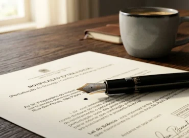 Caneta tinteiro sobre contrato jurídico em mesa de madeira, representando a formalização de provas contra perturbação de sossego.