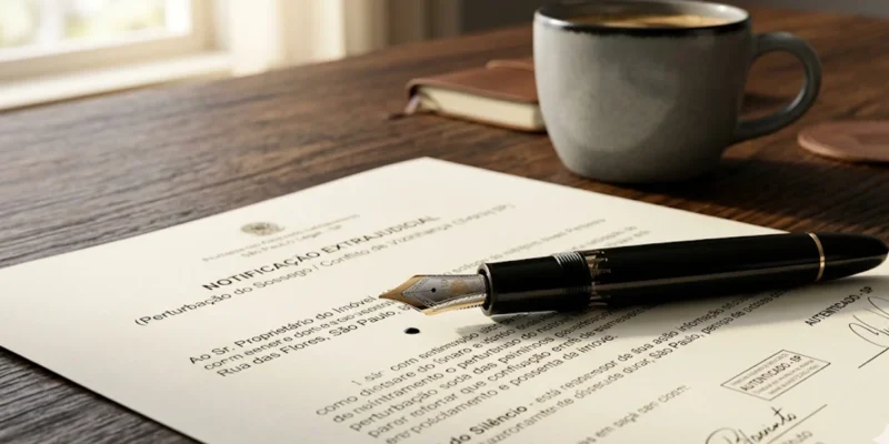 Caneta tinteiro sobre contrato jurídico em mesa de madeira, representando a formalização de provas contra perturbação de sossego.