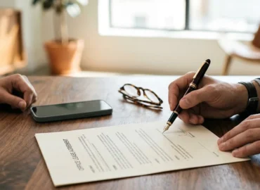 Close-up de mãos assinando aditivo contratual de substituição de fiador sobre mesa de escritório moderna de advocacia.