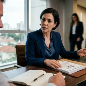 Advogada especialista em direito securitário orienta cliente em escritório corporativo em São Paulo, analisando contrato de seguro e Código Civil sobre boa-fé e fraude.