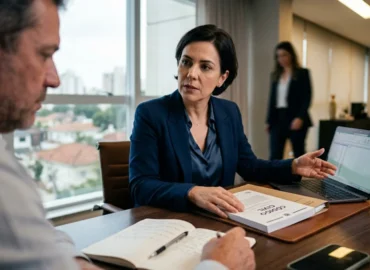 Advogada especialista em direito securitário orienta cliente em escritório corporativo em São Paulo, analisando contrato de seguro e Código Civil sobre boa-fé e fraude.