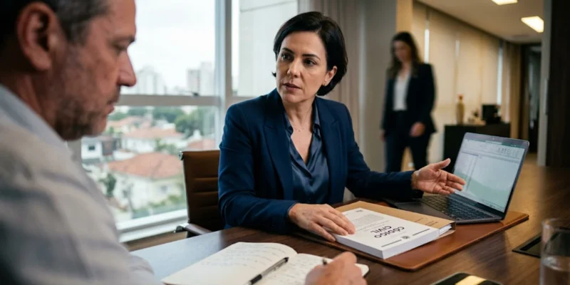 Advogada especialista em direito securitário orienta cliente em escritório corporativo em São Paulo, analisando contrato de seguro e Código Civil sobre boa-fé e fraude.