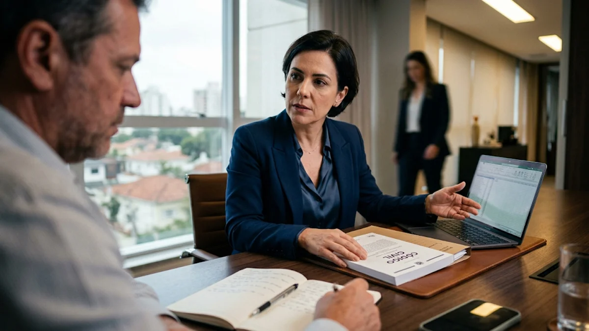 Advogada especialista em direito securitário orienta cliente em escritório corporativo em São Paulo, analisando contrato de seguro e Código Civil sobre boa-fé e fraude.