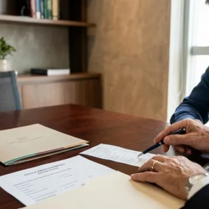 close-up de duas pessoas sentadas em uma mesa de reunião moderna de madeira escura em um escritório corporativo em São Paulo. Foco nas mãos de um advogado sênior experiente apontando para recibos e documentos escolares sobre a mesa, orientando um cliente