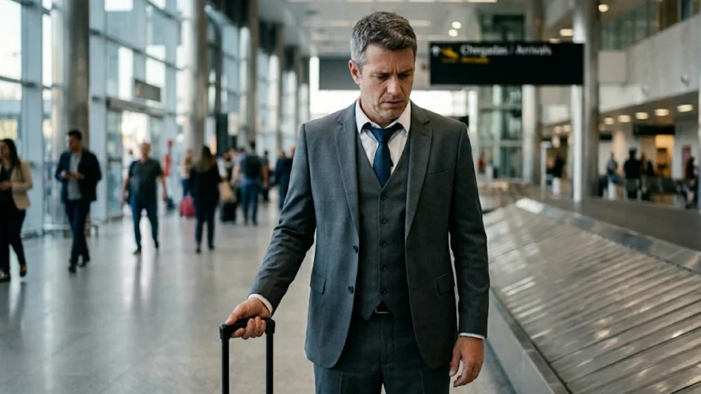 Passageiro frustrado em aeroporto de São Paulo segurando apenas alça de bagagem de mão após extravio forçado no portão.
