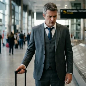 Passageiro frustrado em aeroporto de São Paulo segurando apenas alça de bagagem de mão após extravio forçado no portão.