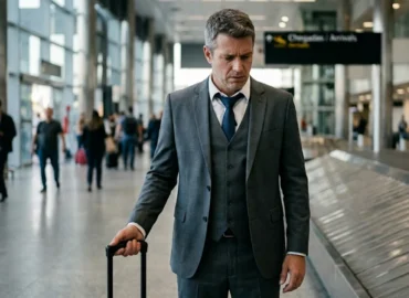 Passageiro frustrado em aeroporto de São Paulo segurando apenas alça de bagagem de mão após extravio forçado no portão.