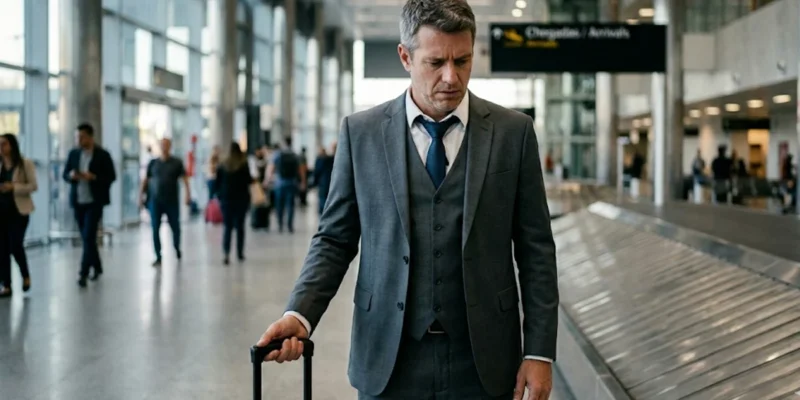 Passageiro frustrado em aeroporto de São Paulo segurando apenas alça de bagagem de mão após extravio forçado no portão.